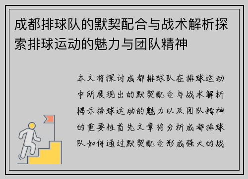 成都排球队的默契配合与战术解析探索排球运动的魅力与团队精神