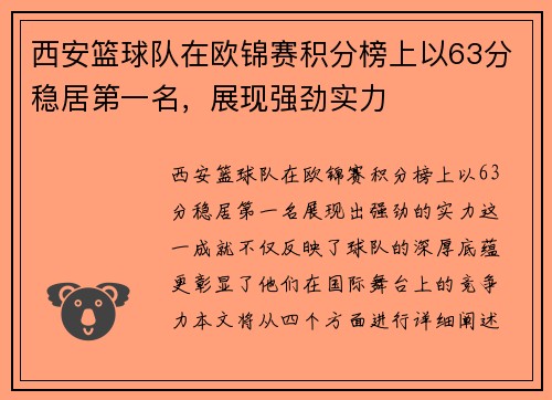 西安篮球队在欧锦赛积分榜上以63分稳居第一名，展现强劲实力