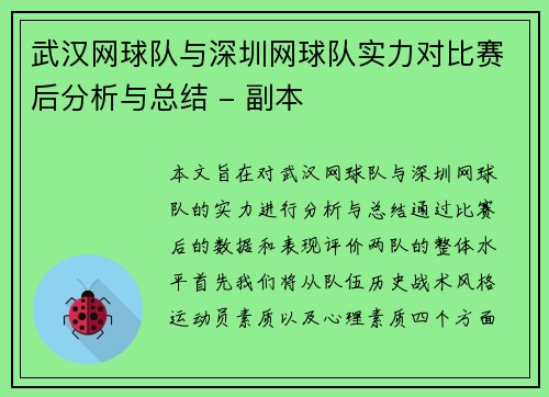 武汉网球队与深圳网球队实力对比赛后分析与总结 - 副本