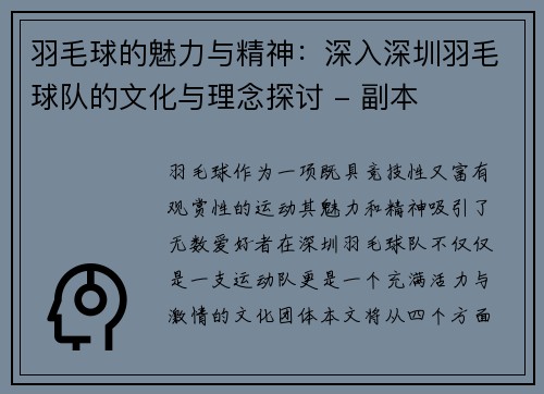 羽毛球的魅力与精神：深入深圳羽毛球队的文化与理念探讨 - 副本