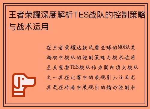 王者荣耀深度解析TES战队的控制策略与战术运用
